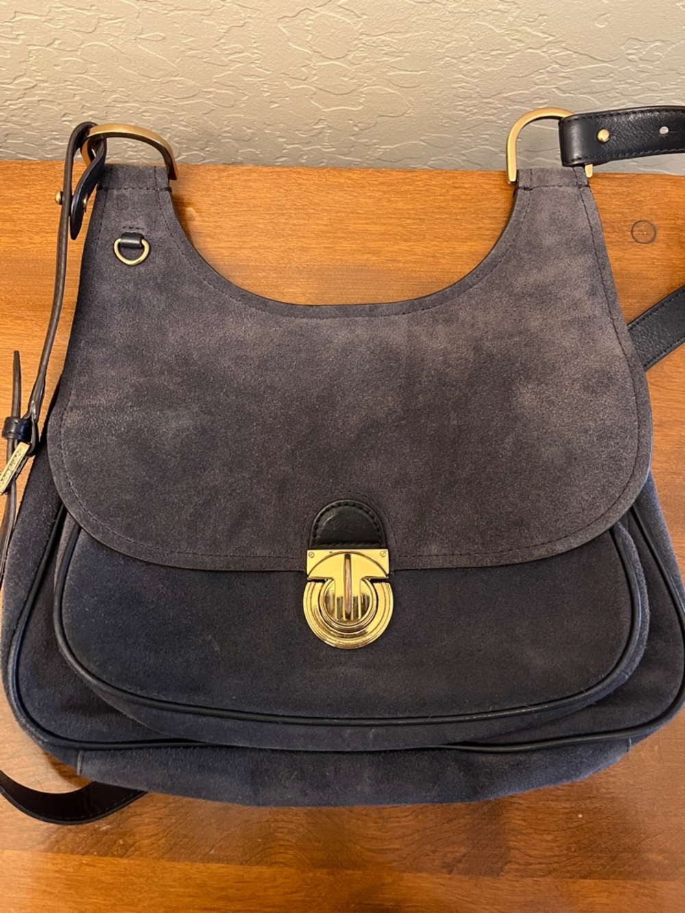 Tory Burch Navy Suede and Leather Shoulder Bag with Gold Hardware